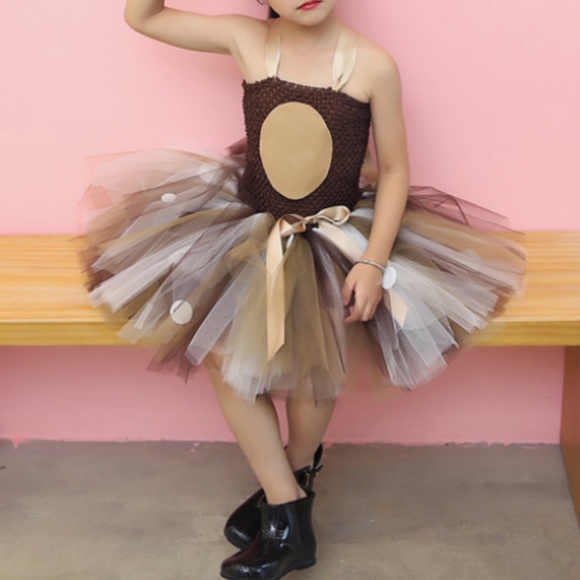 Girls Santa Reindeer Tulle Brown Layered dress 7/8 - Picture 1 of 6